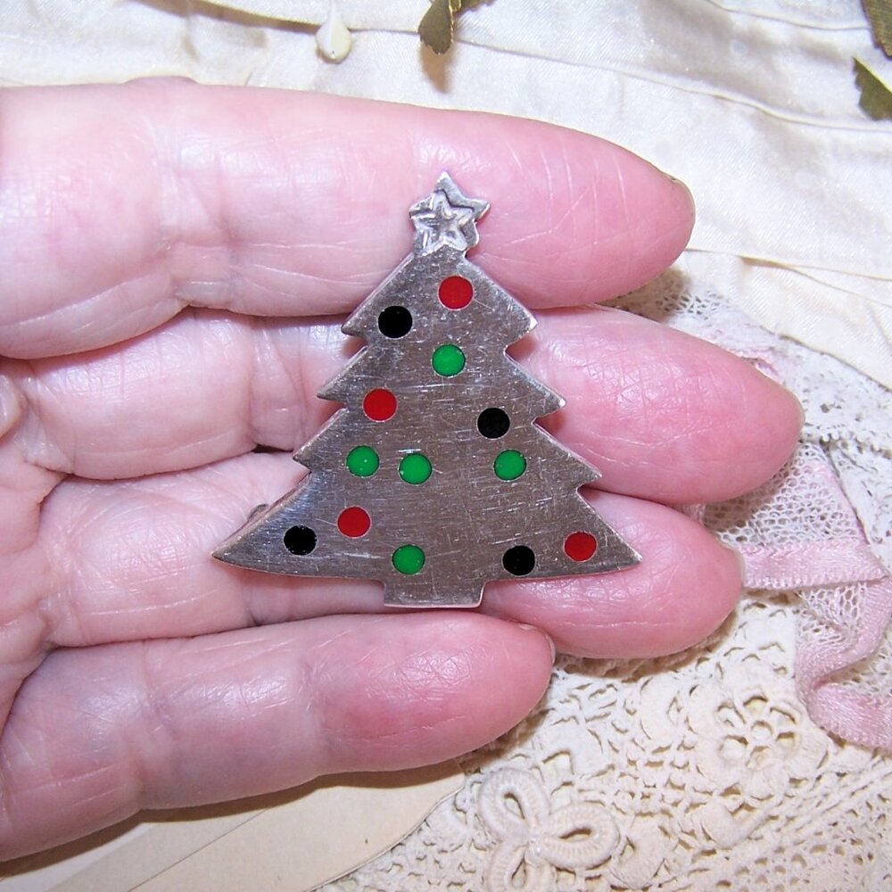 Vintage Sterling Silver Enamel Christmas Tree Pin Brooch